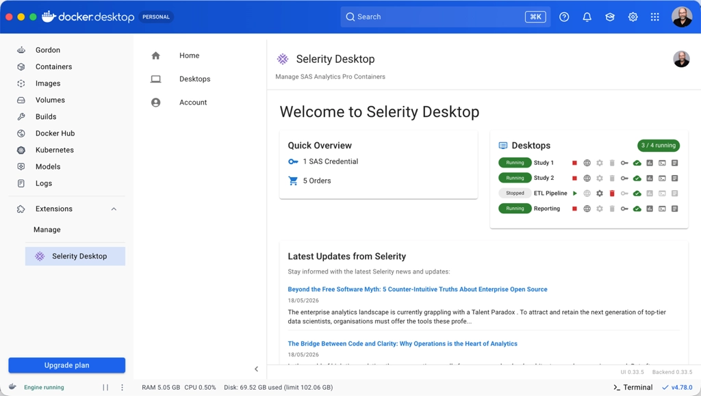Selerity Desktop management window orchestrating secure SAS system dependencies and licensing containers locally.