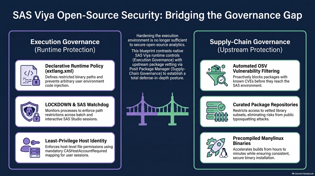Comparison matrix of Execution Governance versus Supply-Chain Governance for SAS Viya open-source security
