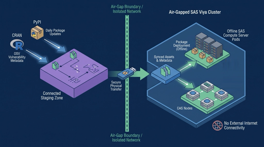 Diagram illustrating air-gapped SAS Viya open-source security sync using rspm offline downloader